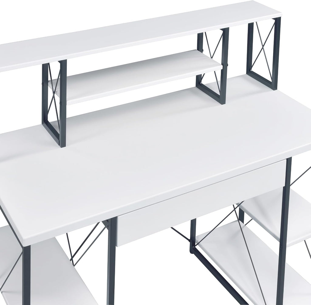 Modern Computer Desk with Hutch and Open Shelves, Foldable Adjustable Portable Gaming Study Desk Table with Wheels for Bedroom Office Student Sturdy Furniture,White-Wood