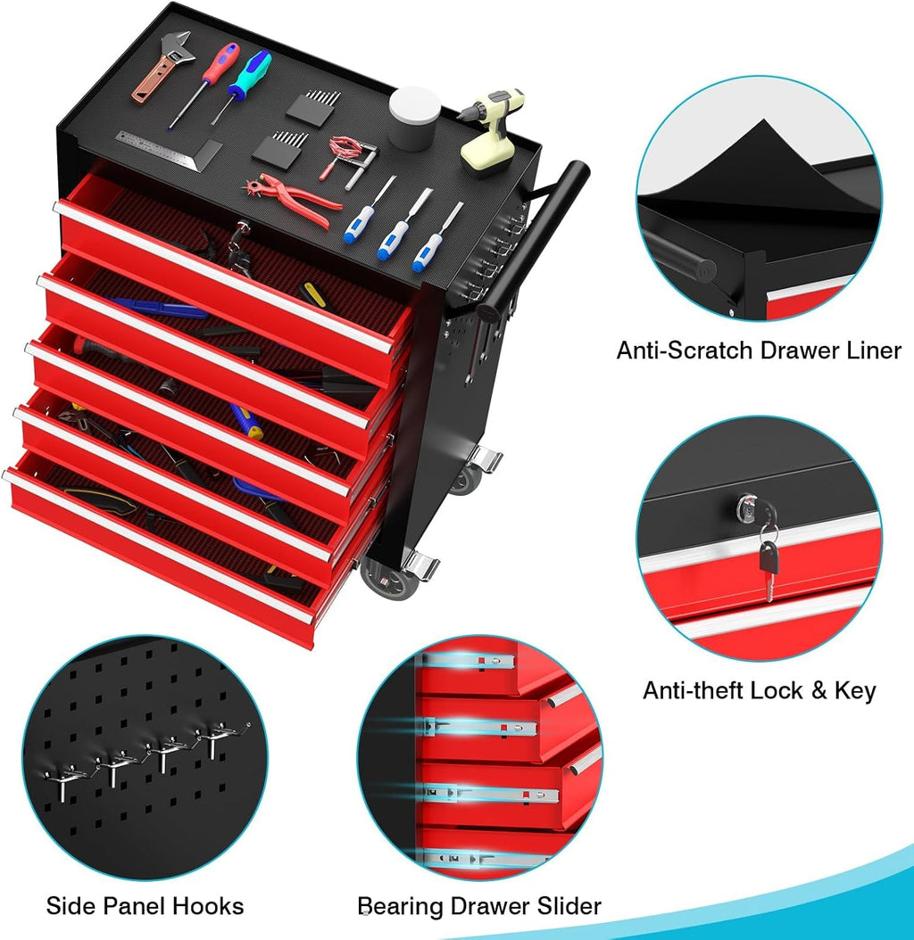 5 Drawers Rolling Tool Box, Portable Storage Tool Chest with Wheels, Rolling Tool Box with Lock for Warehouse, Garage, Repair Shop and Tool Room