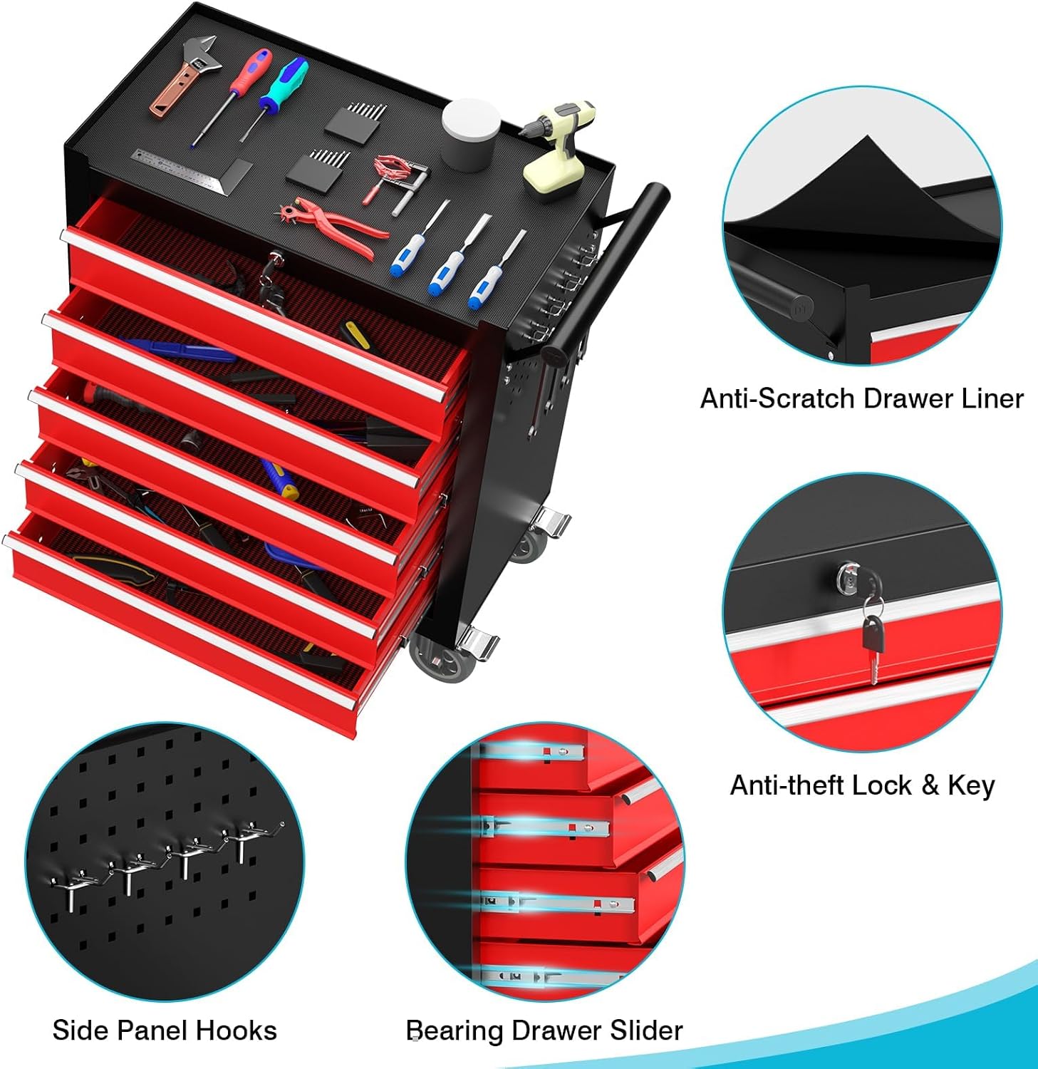 5 Drawers Rolling Tool Box, Portable Storage Tool Chest with Wheels, Rolling Tool Box with Lock for Warehouse, Garage, Repair Shop and Tool Room