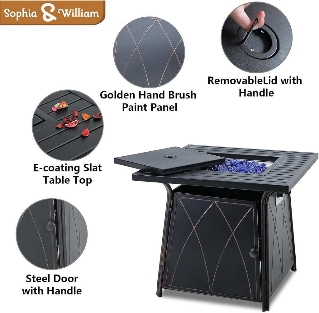 Sophia & William Gas Fire Pit Table 28 Inch 50,000BTU Square Outdoor Propane FirePits 2 in 1 Auto-Ignition Patio Fireplace for Outside with Lid and Blue Fire Glass, Black