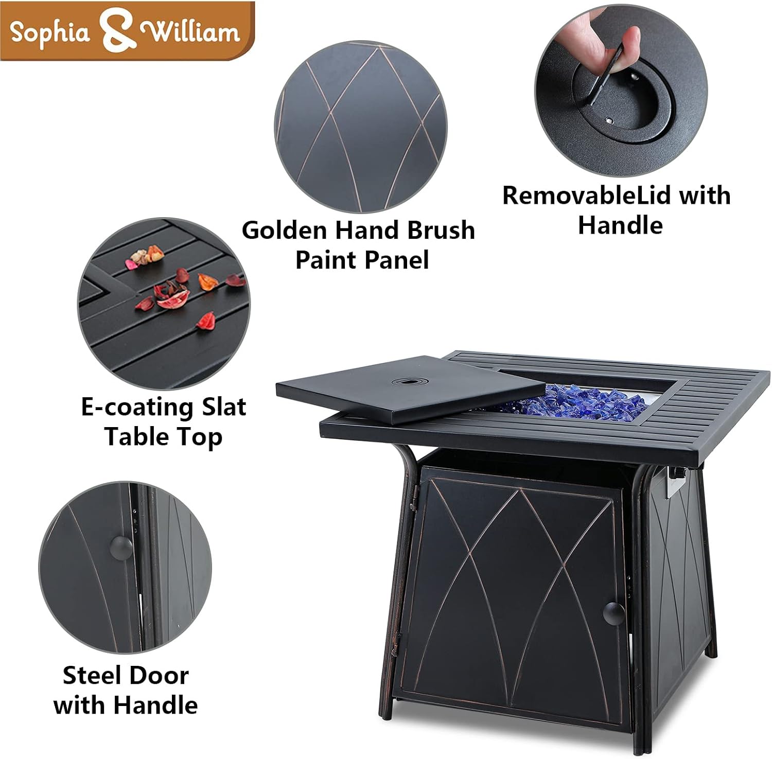 Sophia & William Gas Fire Pit Table 28 Inch 50,000BTU Square Outdoor Propane FirePits 2 in 1 Auto-Ignition Patio Fireplace for Outside with Lid and Blue Fire Glass, Black