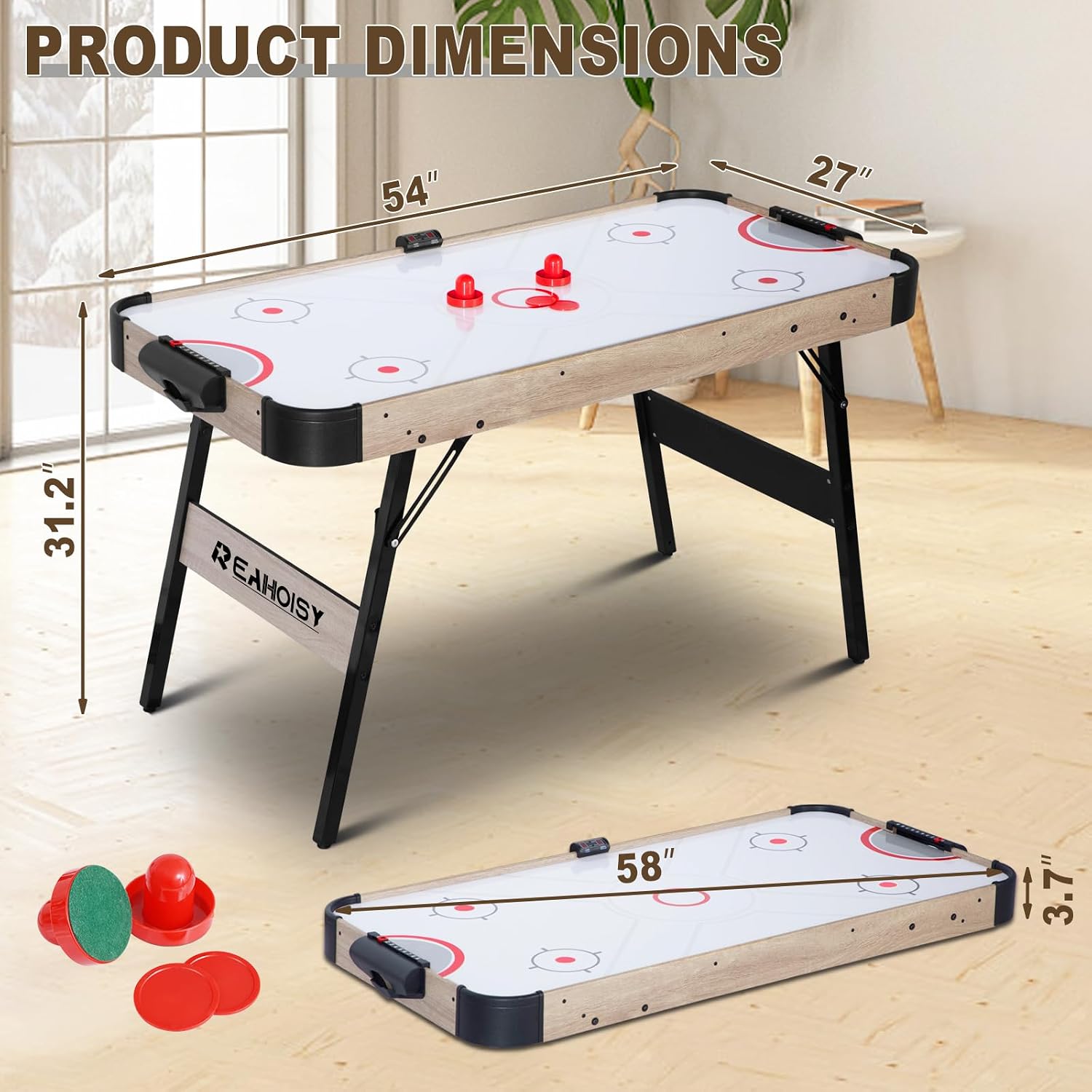 58 Inch Foldable Air Hockey Table, LED Folding Hockey Table Game Set w/2 Pucks, 2 Pushers, Powerful Motor, Hockey Table Gaming Set for Adults and Kids, Home Game Room