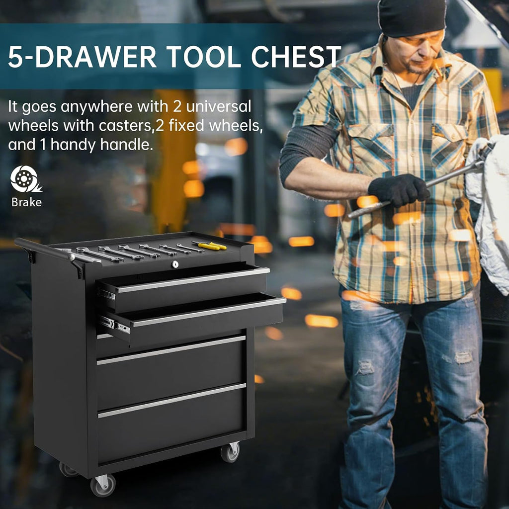 5-Drawer Rolling Tool Chest on Wheels, 24 Inch Compartment Tool Box with Drawers & Lock, Metal Tool Cart Storage Cabinet for Garage, Warehouse, Workshop, Repair Shop