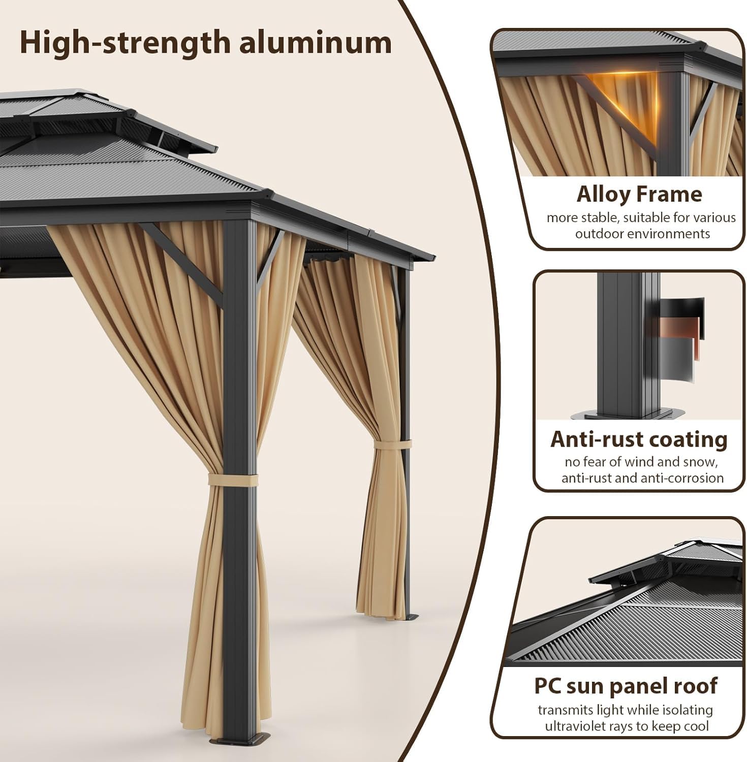 10' x 12' Hardtop Gazebo, Aluminum Frame Gazebo with Galvanized Steel Double Roof, Curtains and Netting, Outdoor Canopy Metal Permanent Pavilion for Garden Patio Deck Backyard, Brown