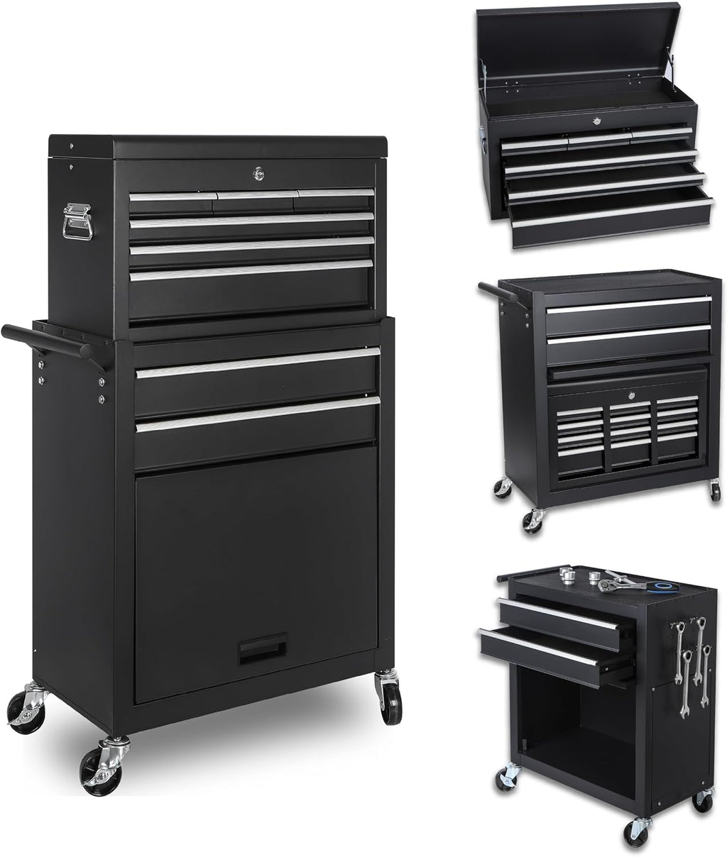 Tool Chest, 8-Drawer Rolling Tool Storage Cabinet with 2 in 1 Detachable Top Tool Box, Liner, Lockable Wheels, Side Hooks, Locking Mechanism, Metal Tool Cart for Garage
