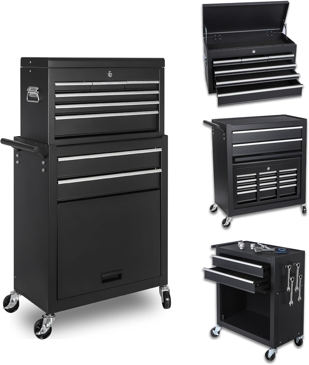 8 Drawers Tool Cart on Wheels with 1 Cabinet, Multifunctional Removable Rolling Storage Tool Chest Set,Tool Trolley Organizer Tool Box for Garage,Warehouse,Workshop,Repair Shop (42.5'H - Black)