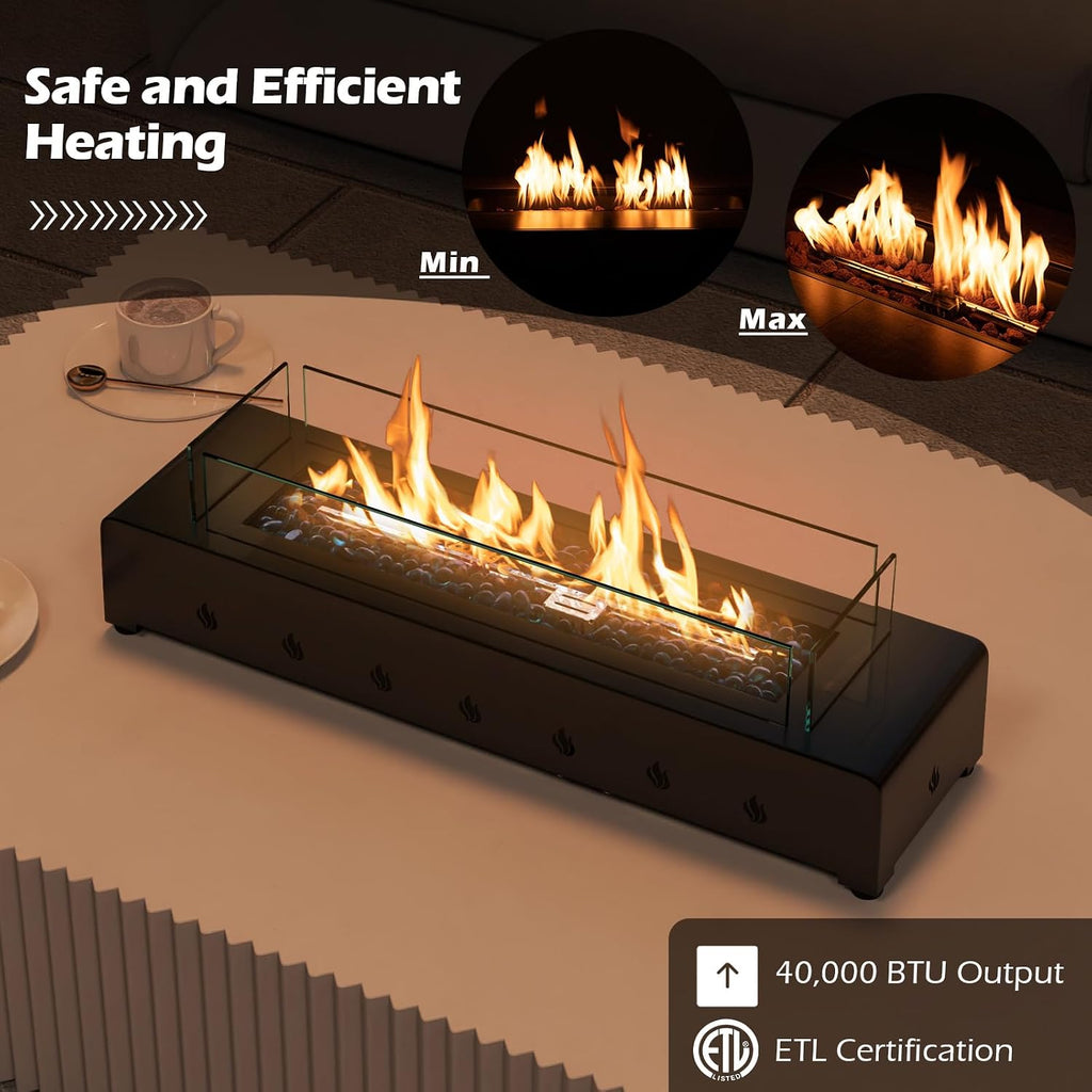 Happygrill 30 Inch Tabletop Propane Fire Pit, 40,000 BTU Table Top Firepit Fire Bowl with Wind Guard, Glass Rocks, Stainless Steel Burner & Cover, Outdoor Portable Fireplace for Patio, Camping