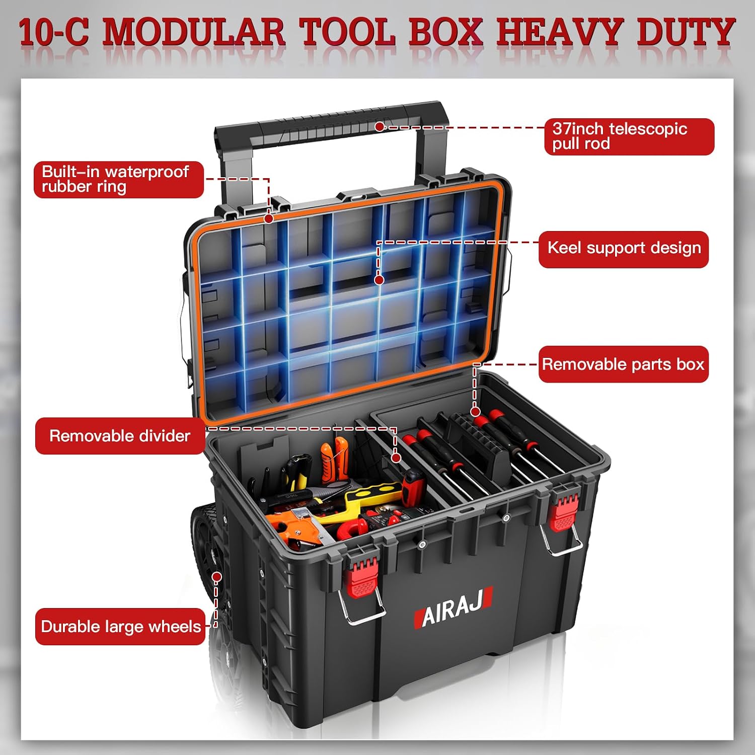 Rolling Tool Box with Wheels Heavy Duty,Modular Stackable Tool Box Organizer,Waterproof Toolbox for Hand/Power Tools,Removable Divider/Parts Box,All-terrain Durable Wheels,Telescopic Pull Rod Handle