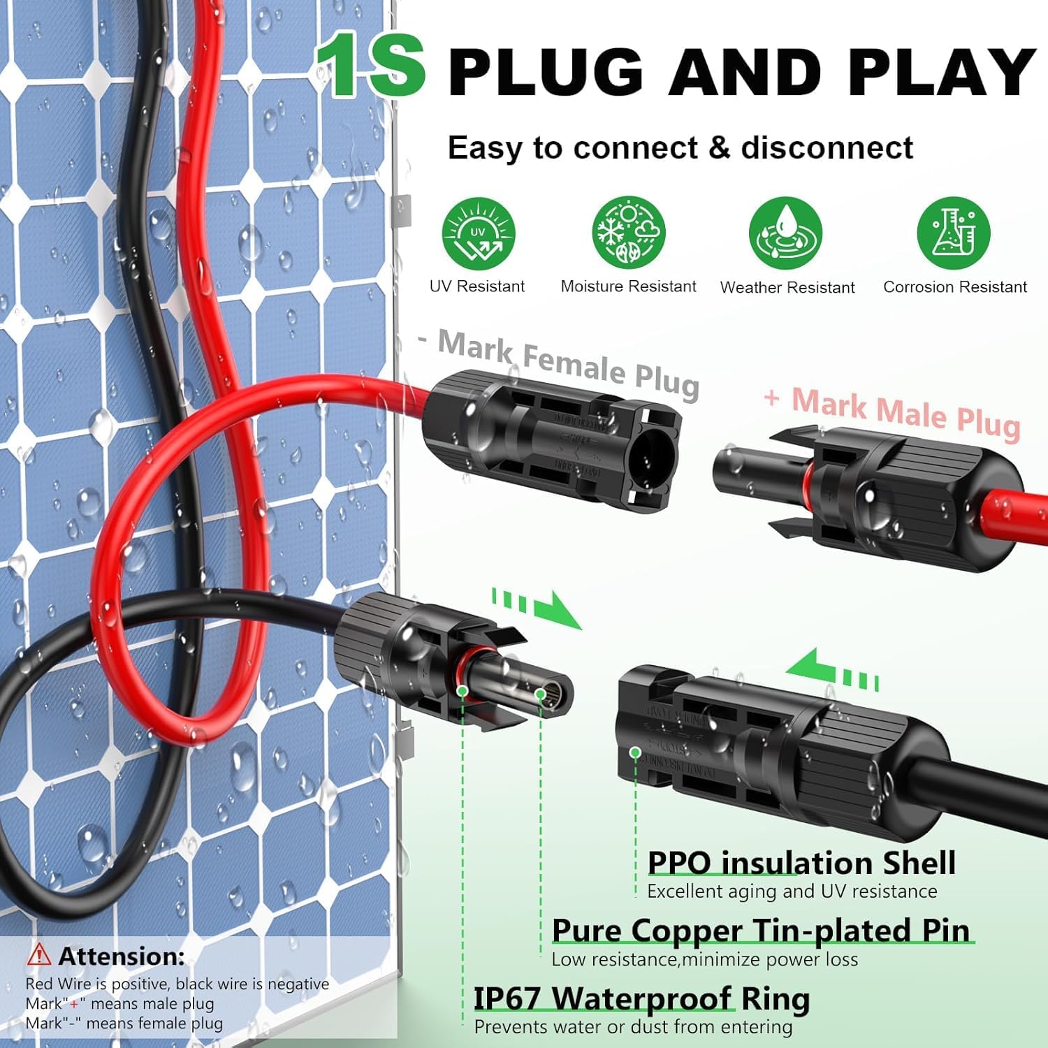 Oududianzi Solar Extension Cable 100Ft, Solar Wire 10AWG, Tinned Copper PV Cable 10Gauge, Solar Panel Wires and connectors for Home RV Boat Camping Off-Grid Solar System, Set of 2
