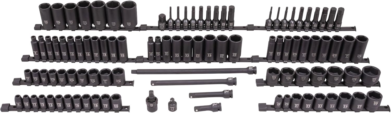 SUNEX 26102 1/2' Drive SAE & Metric 6 Point Standard & Deep & Hex Bit Master Impact & Bit Socket Set, 102-Piece