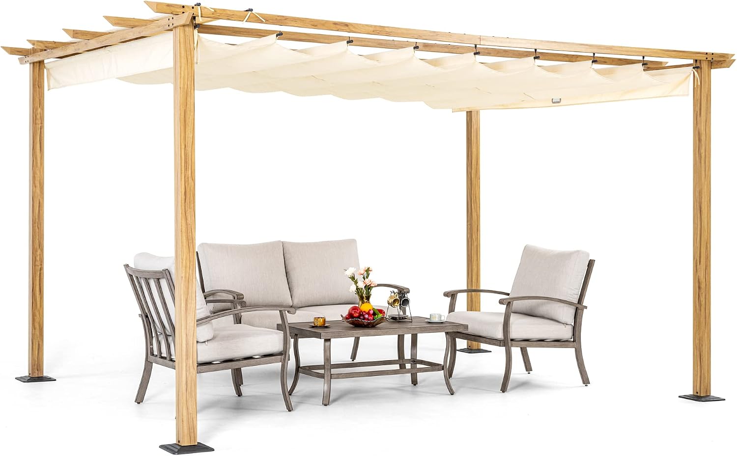 HAPPATIO 10' X 13' Wood-Grain Aluminum Pergola - Adjustable Sun Shade Canopy with Retractable Roof for Backyard, Deck, Patio, by The Pool（Beige）