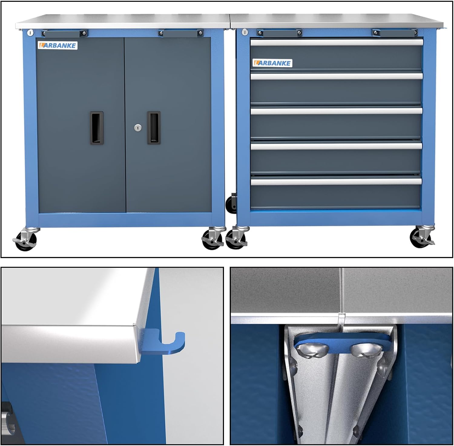 LARBANKE Combination Tool Chest with Lock,5-Drawer/2 Door Tool Cabinet can be Interconnected,Rolling Tool Chest with Wheels and Padded Feet,with Stainless Steel Protective Film Countertop