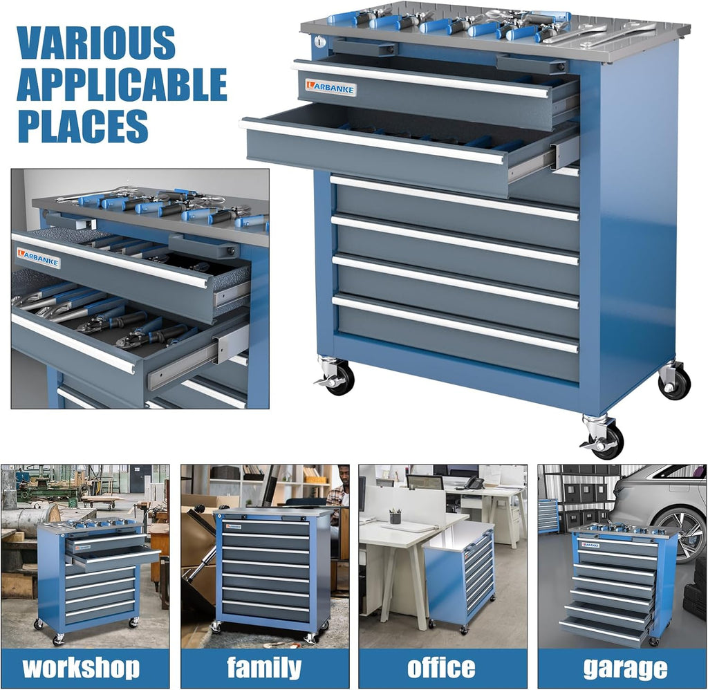 LARBANKE 7-Drawer Rolling Tool Chest with Stainless Steel Countertop,Tool Chest with Secure Locking System,Tool Cabinet with 360°Wheels and Padded Feet,for Home, Garage and Office