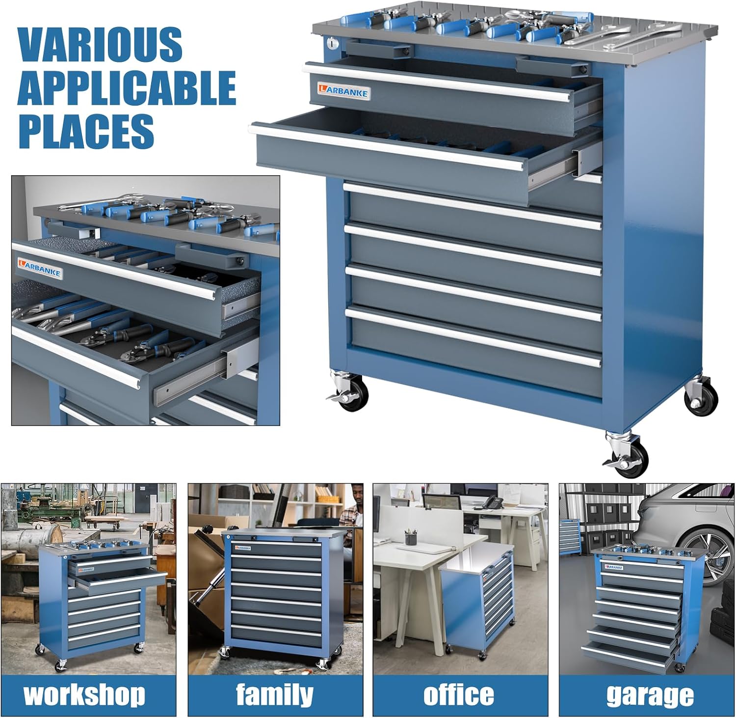 LARBANKE 7-Drawer Rolling Tool Chest with Stainless Steel Countertop,Tool Chest with Secure Locking System,Tool Cabinet with 360°Wheels and Padded Feet,for Home, Garage and Office