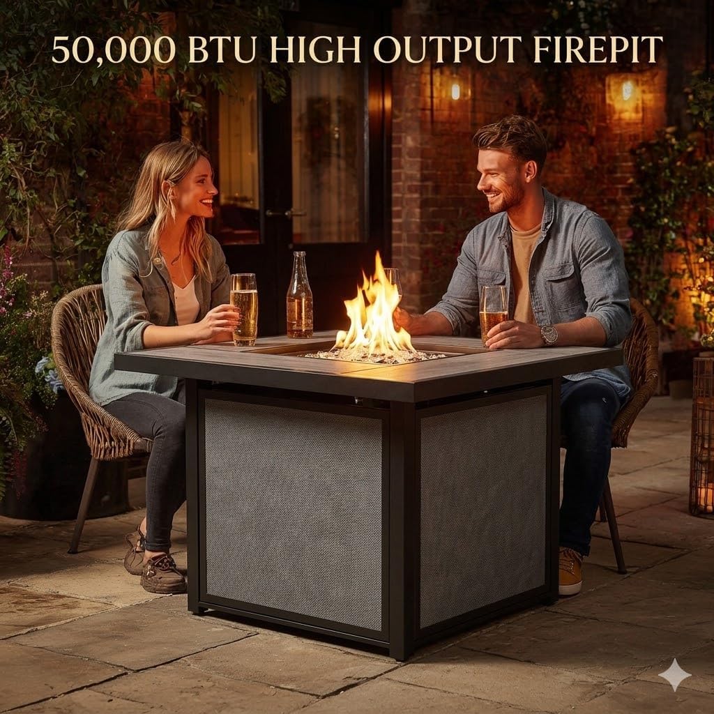 Grand Patio Outdoor Gas Fire Pit Table 32-Inch Square Propane Gas Fire Pit with CSA Safety Approval 50000 BTU Heat Sling Base Ceramic Tile Top and Lava Rock for Garden, Backyard, and Deck Parties