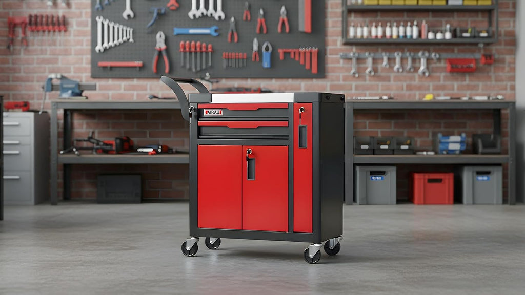 Tool Chest 2-Drawer | Rolling Tool Chest with Wheels/Side Drawer | Drawers Integrated Lockable | Tool Cart/Cabinet with Drawers for Garage Storage,Workshop | Safety Rounded Corner Anti-collision | Red