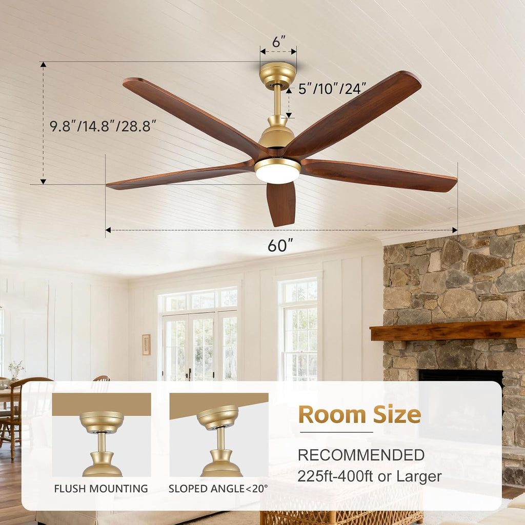 60 Inch Outdoor Ceiling Fan with Light and Remote, Gold Ceiling Fans with Lights, Solid Wood Blade, Quiet Reversible DC Motor, Damp-Rated Large Outdoor Ceiling Fans for Patios Porch Gazebo Farmhouse