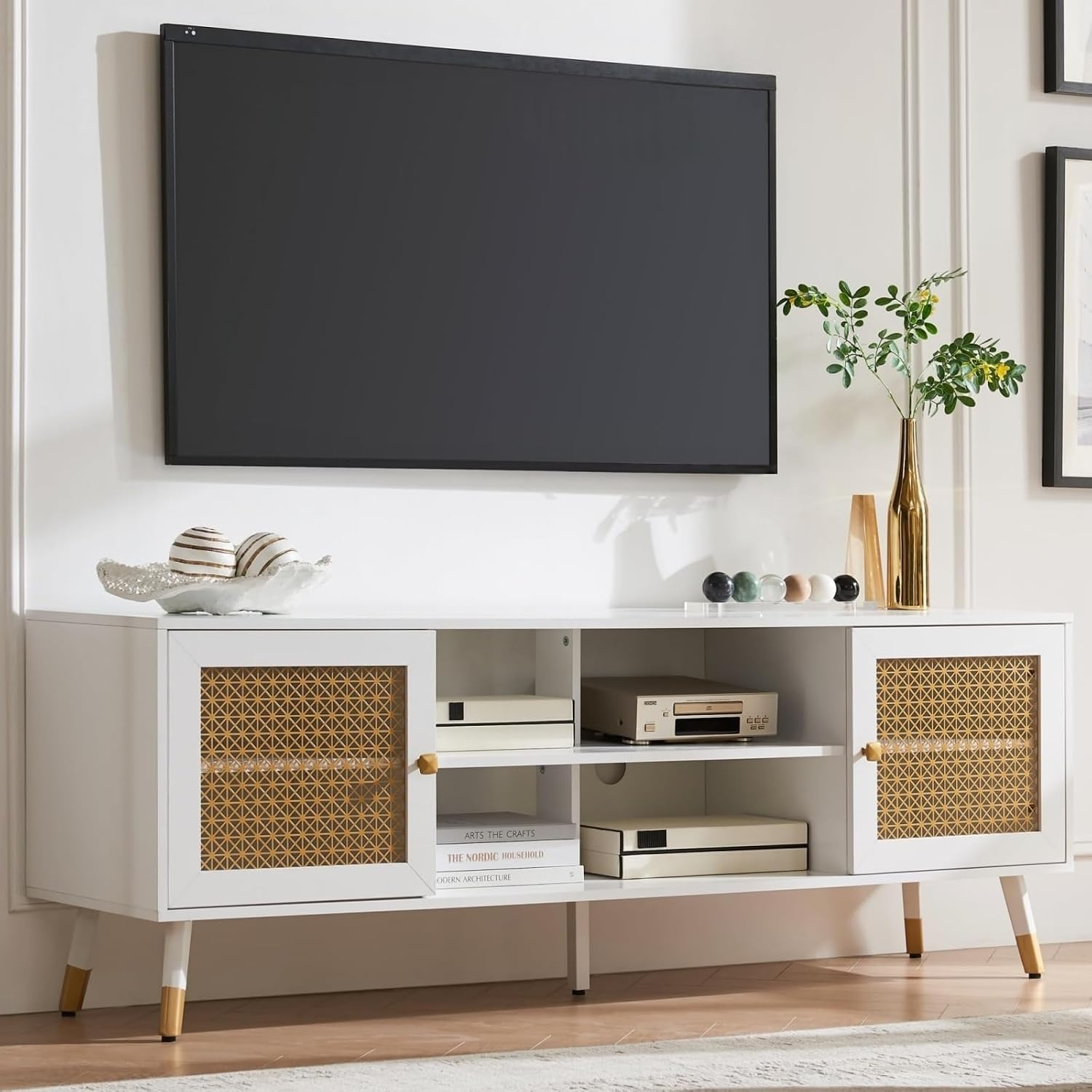 JYED DECOR White TV Stand for Living Room,66' Modern Entertainment Center with Storage Cabinets, Fluted Boho TV & Media Console (White and Gold,)