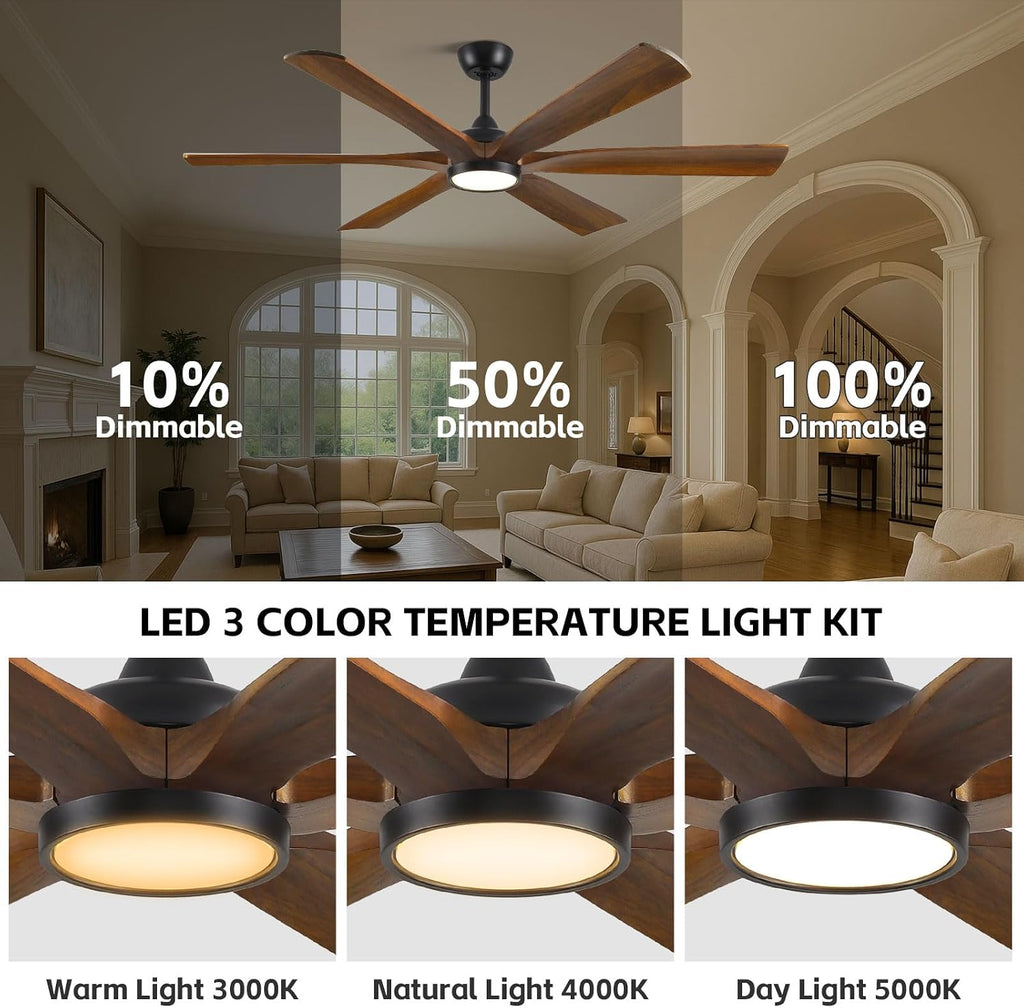 60 Inch Indoor Outdoor Ceiling Fan with Light and Remote - Modern Farmhouse Style, 6 Solid Wood Blades, High CFM Quiet Reversible Energy Efficient DC Motor, Damp-rated for Patios Porch Gazebo Garage