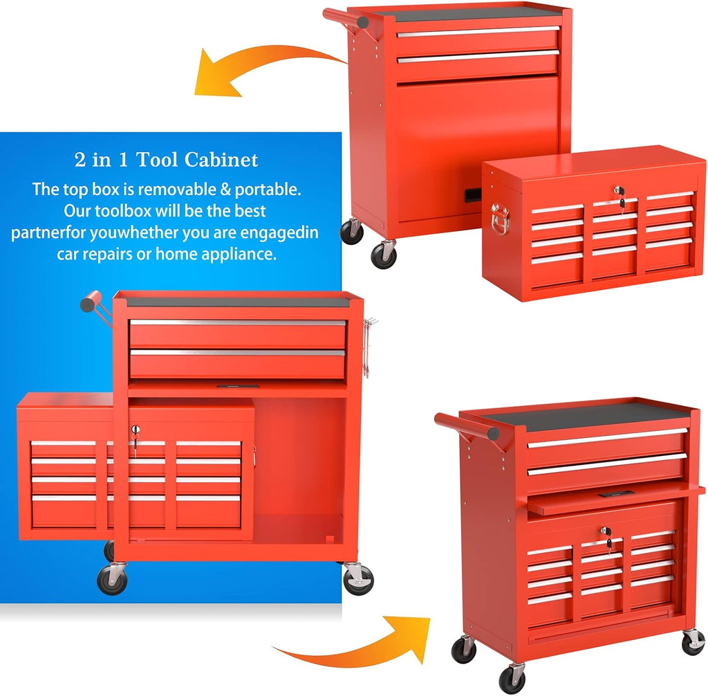 Go Big 8-Drawers Tool Chest Tool Box, Rolling Tool Chest with Wheels, Rolling Tool Box with Wheels, Garage Tool Storage Cabinet on Wheels, Locking System Toolbox(Red)