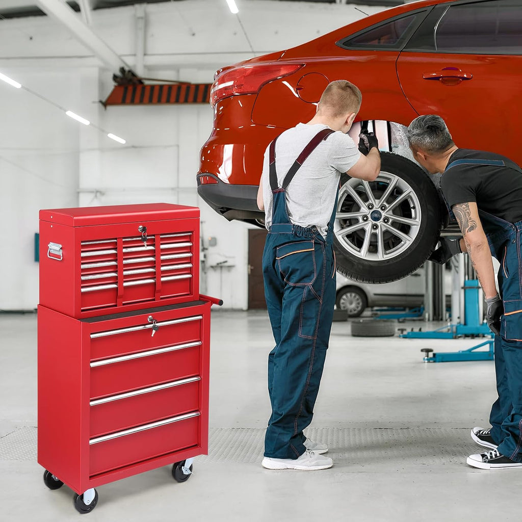 Winado 9-Drawer Rolling Tool Chest with Wheels & Lock & Key, Tool Box with Large Storage Cabinet, Removable Portable Top Box for Garage, Warehouse, Repair Shop & Home, (Red)