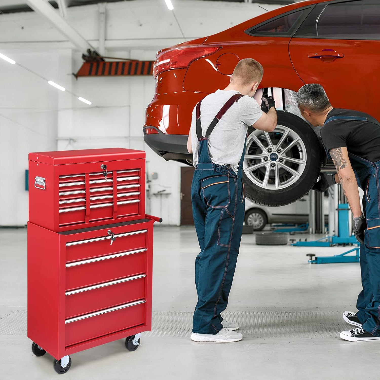 Winado 9-Drawer Rolling Tool Chest with Wheels & Lock & Key, Tool Box with Large Storage Cabinet, Removable Portable Top Box for Garage, Warehouse, Repair Shop & Home, (Red)