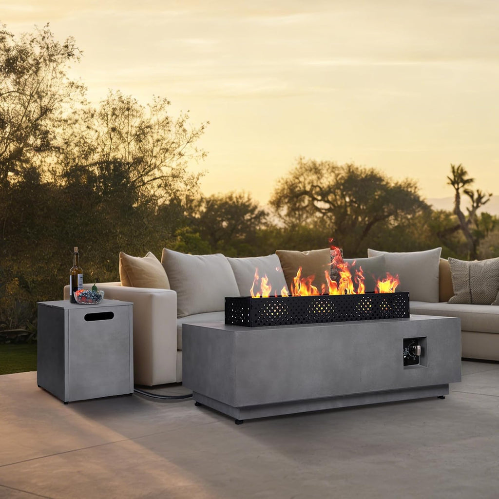 3-in-1 Propane Fire Pit Table, 42 Inch Rectangular Outdoor Fire Pit, 50,000BTU Firepit Table for Outside Patio with Tank Hidden Table, Griddle, Wind Guard, Lid, CSA Certified, Grey