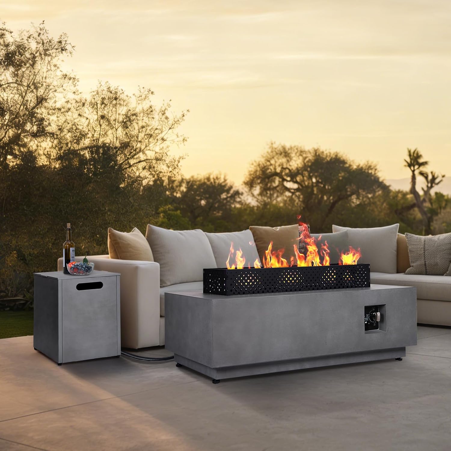 3-in-1 Propane Fire Pit Table, 42 Inch Rectangular Outdoor Fire Pit, 50,000BTU Firepit Table for Outside Patio with Tank Hidden Table, Griddle, Wind Guard, Lid, CSA Certified, Grey