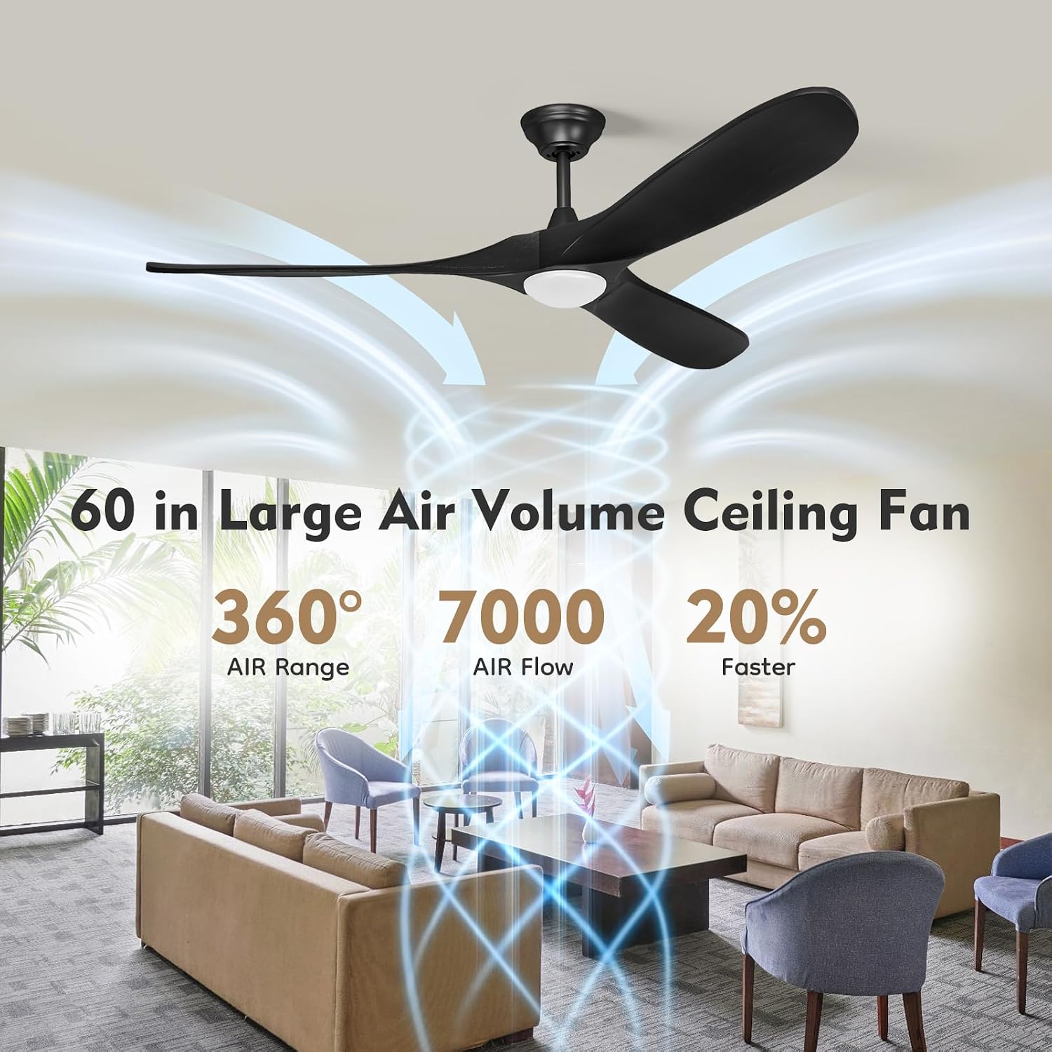 60 Inch Indoor Outdoor Ceiling Fan with Remote & Dimmable Light, Damp Rated, 3 Propeller Solid Wood Blades, 7000 High CFM 6-Speed Quiet Reversible DC Motor, for Patio Living Room Bedroom, Modern Black