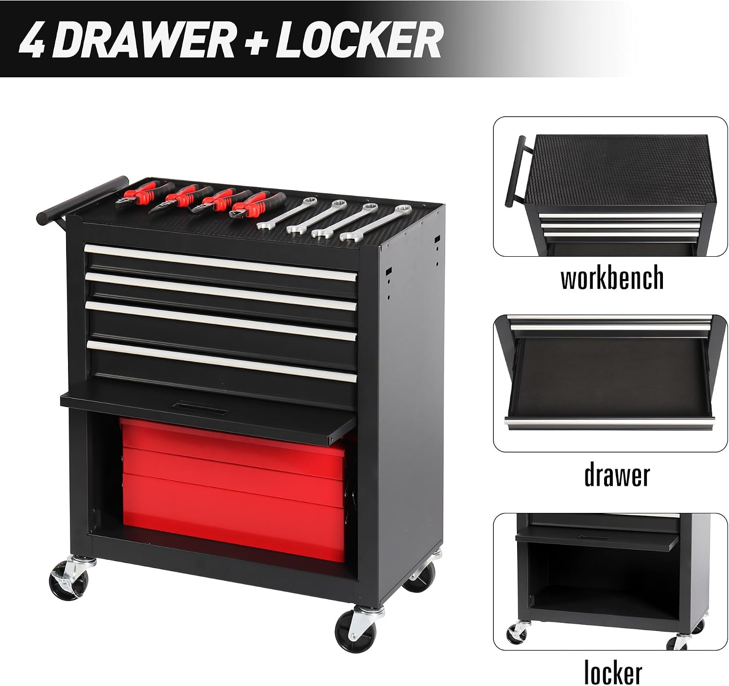 4 Drawers Rolling Tool Chest Cart,Tool Storage Cabinet with 4 Wheels.Portable Tool Cabinet Trolley with Locking System and Drawer Liners.Tool Storage Cart for Garage,Workshop,Repair Shops