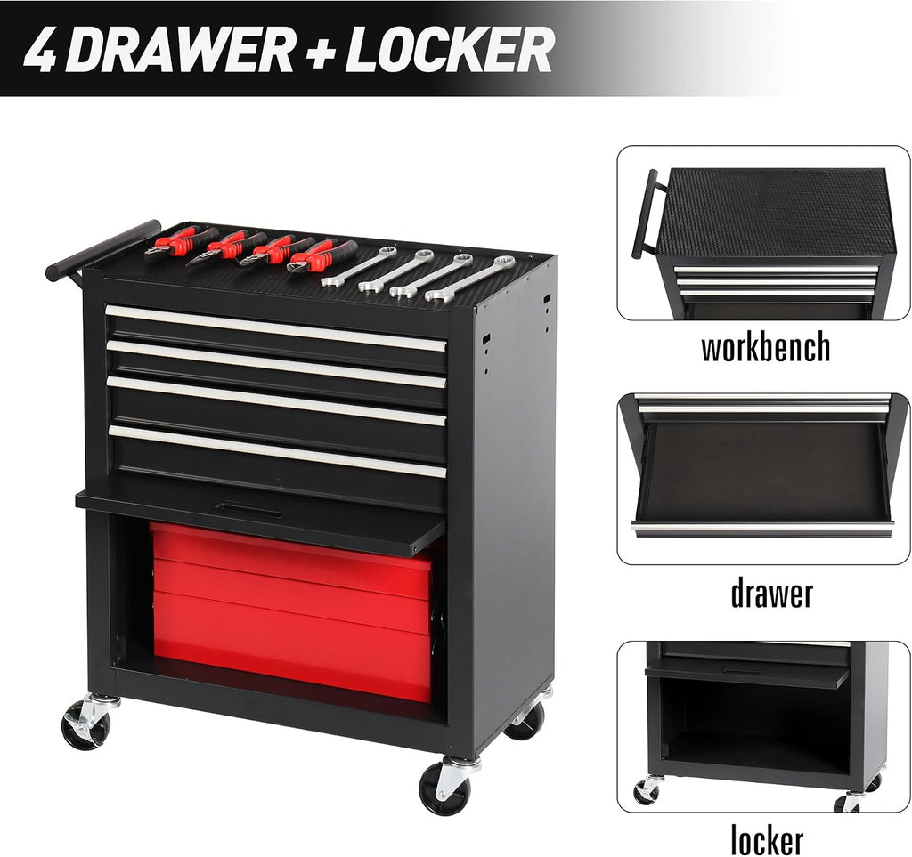 4 Drawers Metal Rolling Tool Chest on Wheels with Lockers, Tool Box Tool Trolley Organizer Cart, Multifunctional Drawers Rolling Storage Tool Case for Garage, Repair Shop(BLACK)