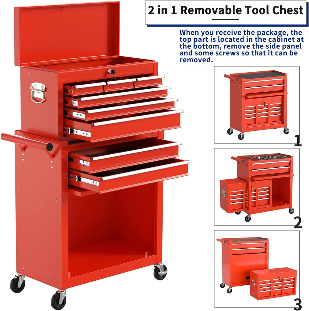 8-Drawer High Capacity Rolling Tool Box with Wheels,Rolling Tool Chest with Drawer,Tool Box on 4 Wheels with Lock, Tool Storage Cabinet Removable Portable Box for Garage Warehouse (Red)