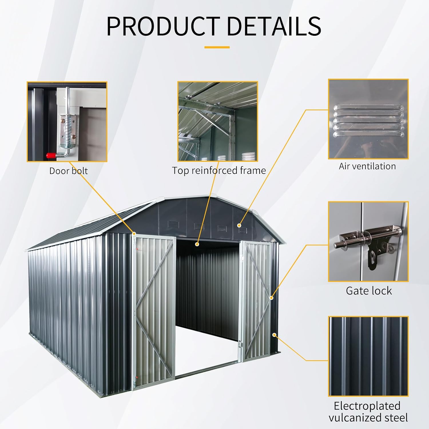 10 x 12 FT Outdoor Metal Storage Shed with Design of Four Sloping Roof and Lockable Doors for Backyard Garden Patio Lawn, Black