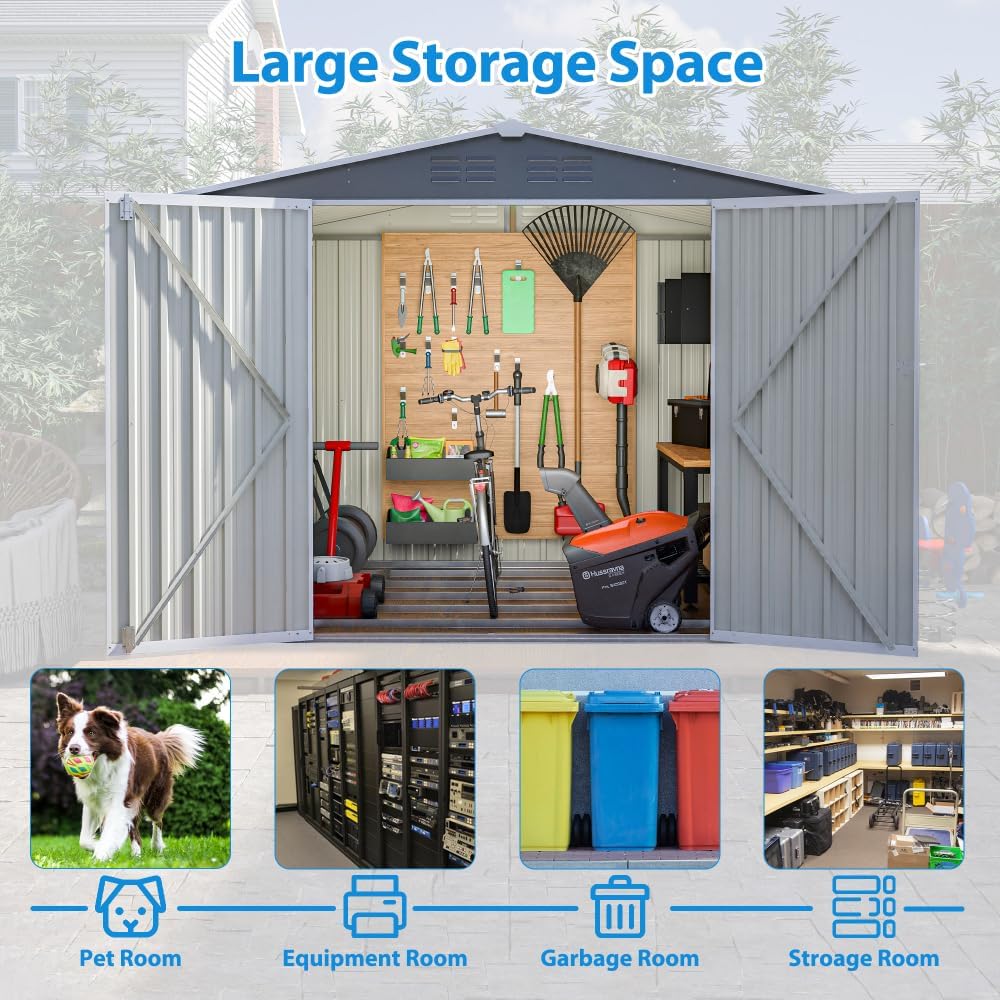 Large Outdoor Storage Shed 10x12 FT, Heavy-Duty Metal Garden Tool Organizer with Lockable Doors and Weather-Resistant Roof for Backyard (8x6 ft with Floor Frame)