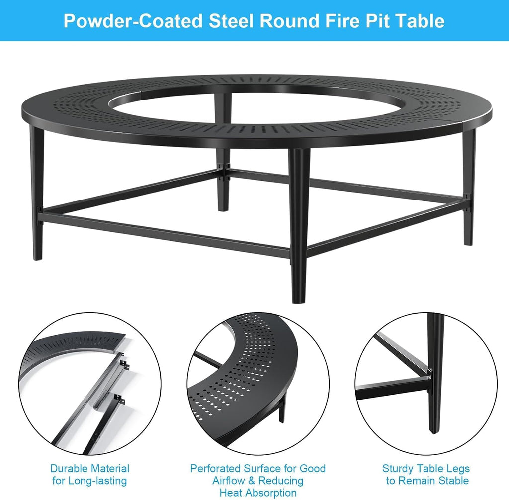 LS'BABQ 45' Fire Pit Surround Tabletop with Waterproof Cover for Solo Stove Yukon & Bonfire, Round Outdoor Fire Pit Table for Most Wood-Burning Stoves Under 28.5' Dia for Camping, Powder-Coated Steel