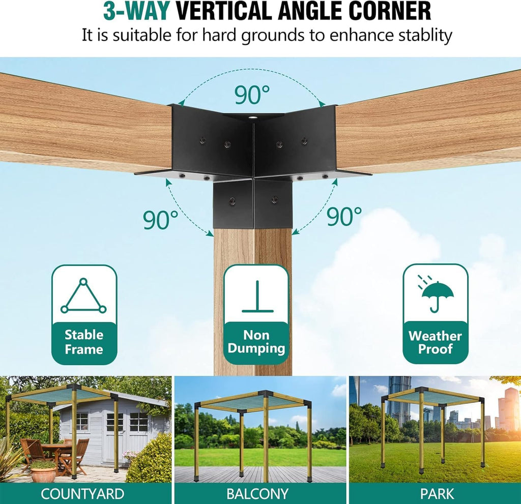 Pergola Brackets 4 Pack Woodworks Pergola Kit 3-Way Right Angle Corner Bracket with Pergola Post Base for 4x4'' (Actual: 3.62x3.62'') Wood Beams Elevated Wood Stand Gazebo Kit