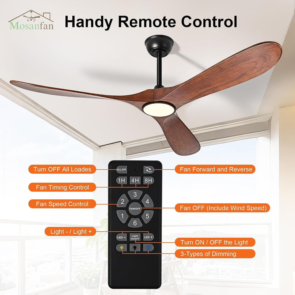72 Inch Ceiling Fans with Lights and Remote, Wood Outdoor Ceiling Fan with 6 Speed Noiseless DC Motor, Indoor Modern 3 Blade Propeller Ceiling Fan for Bedroom Living Room Gazebo Patio(Walnut)