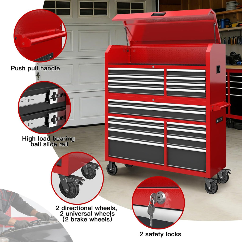 AIRAJ 18-Drawer Heavy-Duty Rolling Tool Chest,56' Garage Workbench Storage Tool Cabinet with Anti-Slip Liners,Two Integrated Power Strip,Locking System,Rolling Tool Box for Garage Storage,Workshop