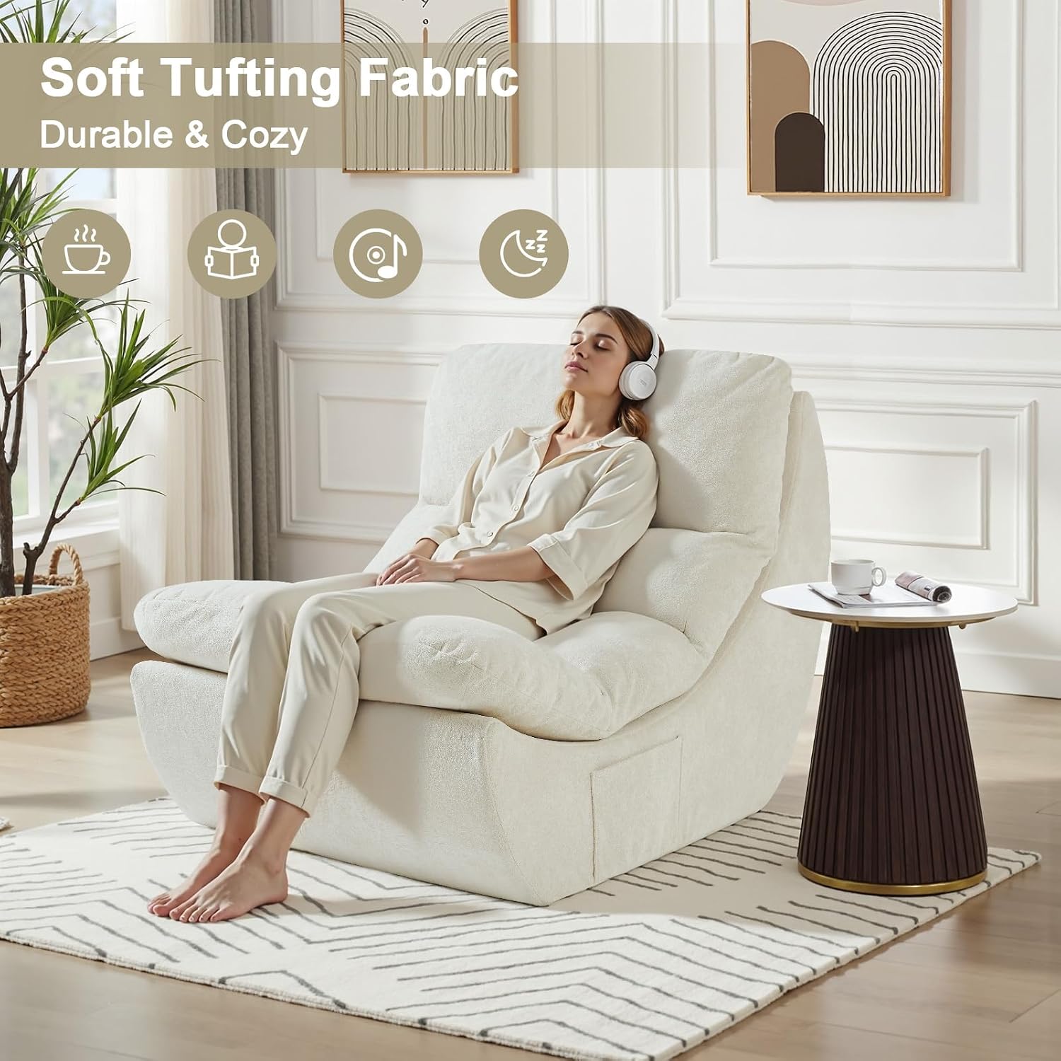 Set of 2 Bean Bag Chairs for Adults, Boneless Lounge Chair, Anti Cat Scratch Fabric with Machine Washable, Beanbag Chair for Bedroom, Floor Couch Living Room, Bedroom, Reading Corner (Beige)