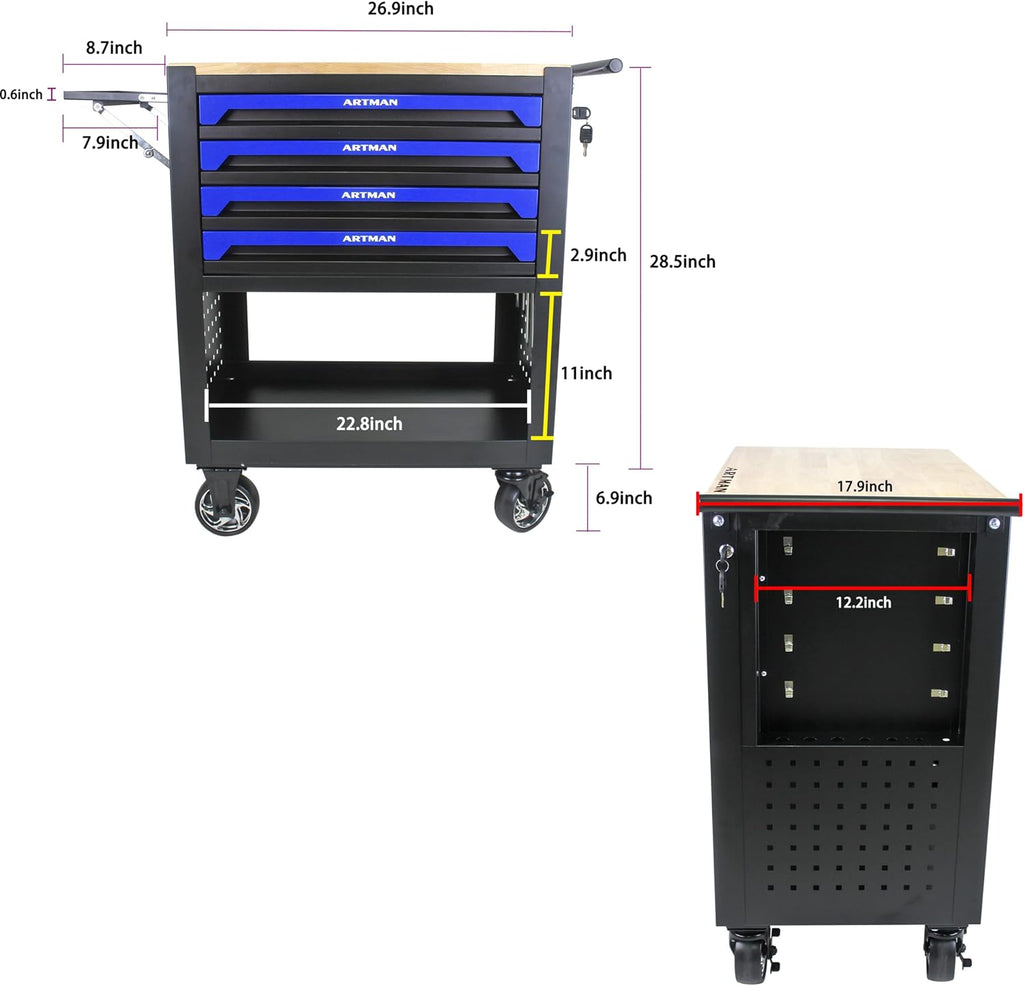 4 Drawers Tool Chest on Wheels,Tool Storage Cart with Wooden Top,Drawers Rolling Tool Box Organizer Tool Case with Lock for Garage,Warehouse,Workshop,Repair Shop (4 Drawers-35.4'H-Black&Blue)
