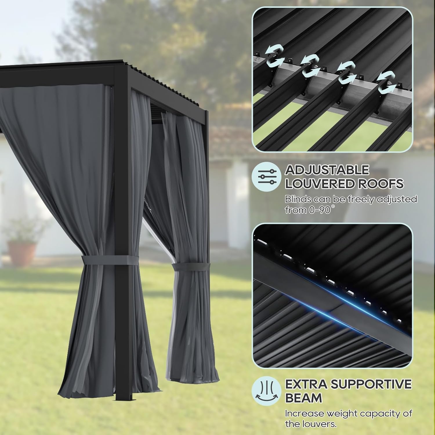 LVUYOYO 10' x 10' Louvered Pergola, Outdoor Pergola with Adjustable Roof, Aluminum Frame Metal Gazebo with Curtains and Netting for Patio, Backyard, Garden, Deck (Black)