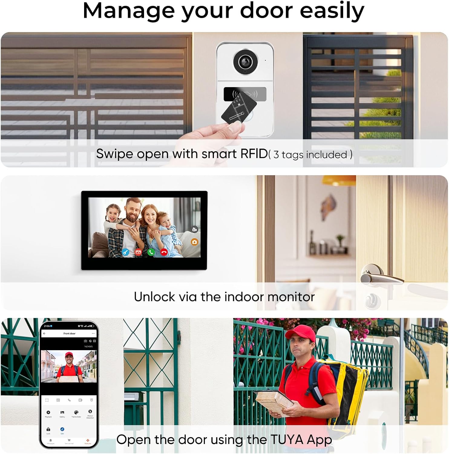 2-Wired Video Intercom System with 7 inch Touch Screen, Timbre con cámara & 140° Wide Angle, Video Recording, Tuya app Remote Control, Playback, Motion Detection, for Villa Apartment House