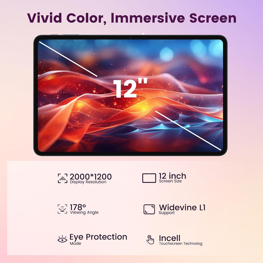 Android Tablet, 12 Inch Tablet with 2K IPS Display & Case, Octa-Core up to 2 GHz, 20GB RAM 256GB ROM 1TB Expand, 8000mAh, 20W Fast Charger, Dual-Band WiFi, Support GPS Face Unlock Widevine L1