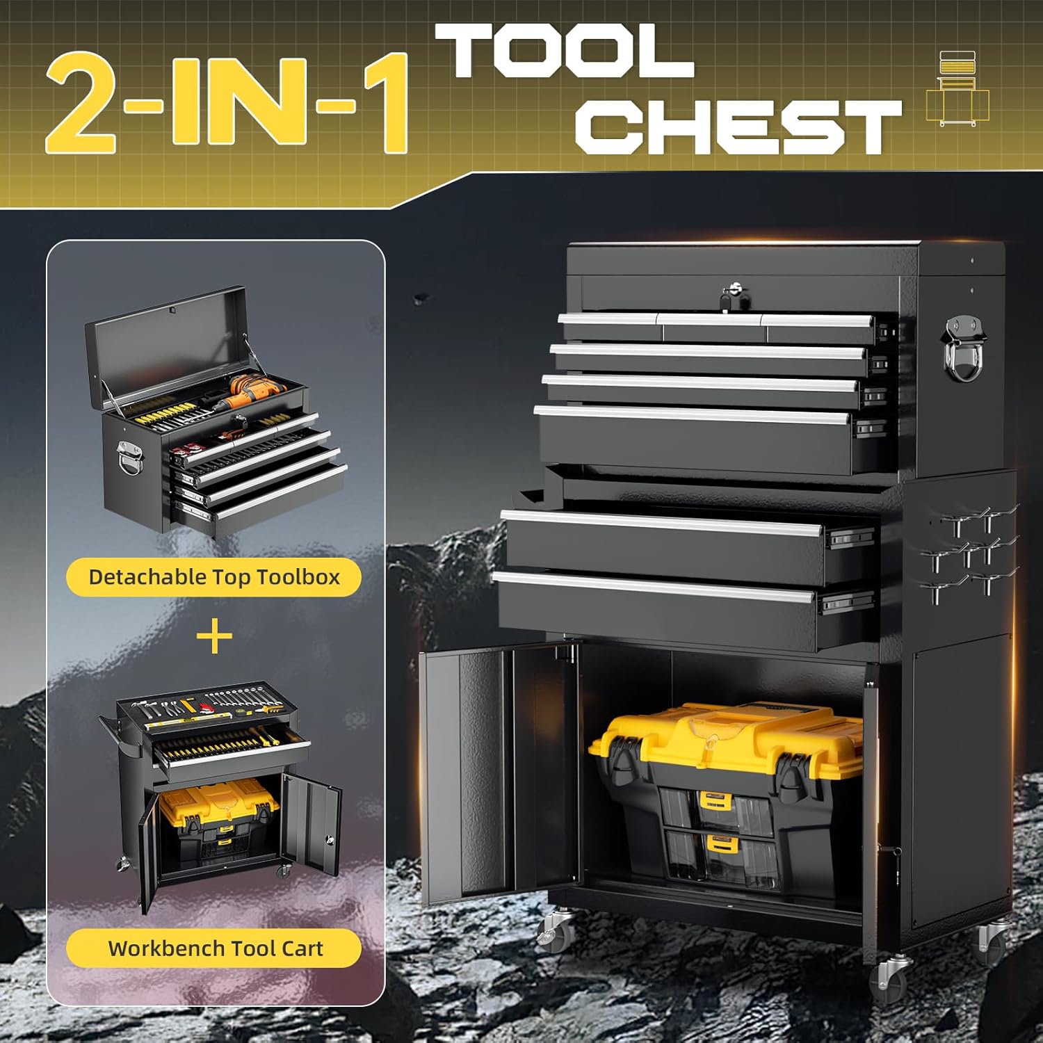 8-Drawer Rolling Tool Chest with Lock, Detachable Tool Cabinet Cart with Wheels, High-Capacity Mechanic Tool Organizer for Garage Workshop Warehouse Storage
