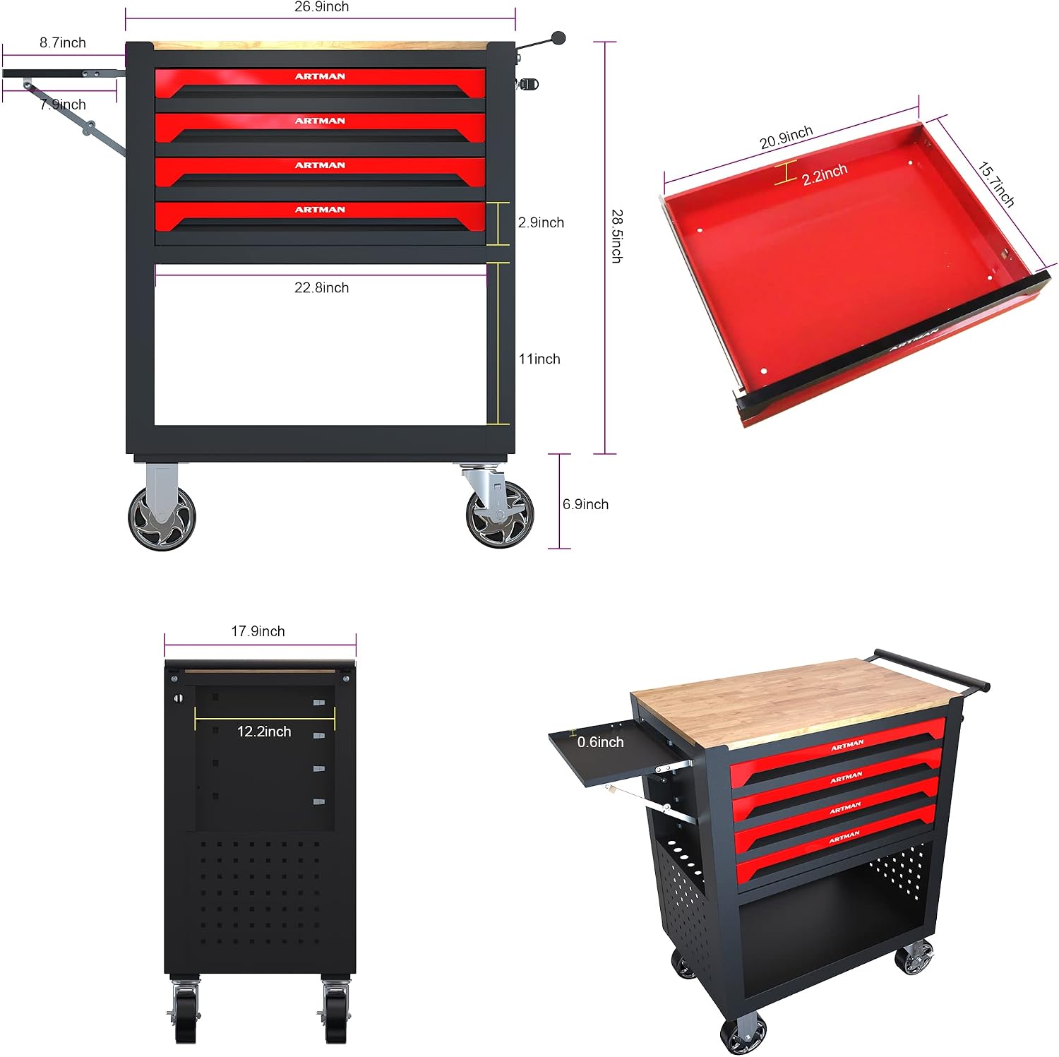 JOYBASE Rolling Tool Chest with 4 Drawers & Wood Top, Heavy Duty Steel Tool Cart on Wheels, Mobile Garage Organizer & Storage Cabinet for Workshop & Mechanic (Black & Red)