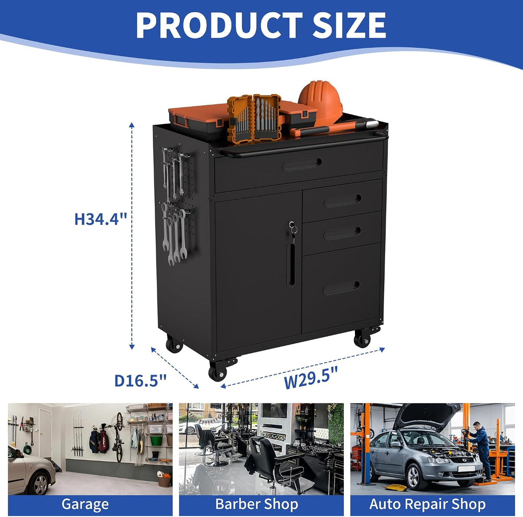 RYH 29.5' W Rolling Tool Cabinet with Metal Garage Storage Cabinet on Wheels, Locking Rolling Tool Chest for Workshop, Heavy Duty Tool Cart with Drawers (Black+, 4 Drawers 1Door34.4 H ×29.5' W)