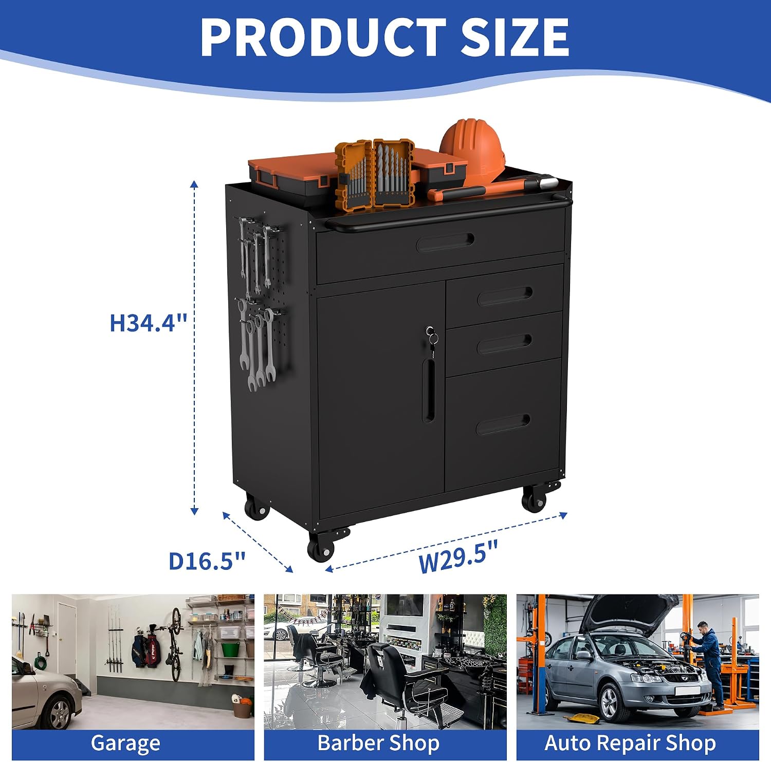 RYH 29.5' W Rolling Tool Cabinet with Metal Garage Storage Cabinet on Wheels, Locking Rolling Tool Chest for Workshop, Heavy Duty Tool Cart with Drawers (Black+, 4 Drawers 1Door34.4 H ×29.5' W)