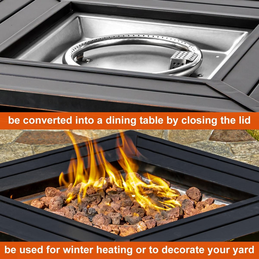 OutVue 28 inch Propane Fire Pit Table,Gas Fire Pits Table for Outside,50000 BTU Propane Firepit with Lid &Lava Rocks,Gas Firepit for Garden,Yard (Black)