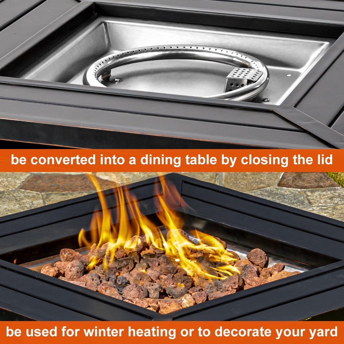 OutVue 28 inch Propane Fire Pit Table,Gas Fire Pits Table for Outside,50000 BTU Propane Firepit with Lid &Lava Rocks,Gas Firepit for Garden,Yard (Black)