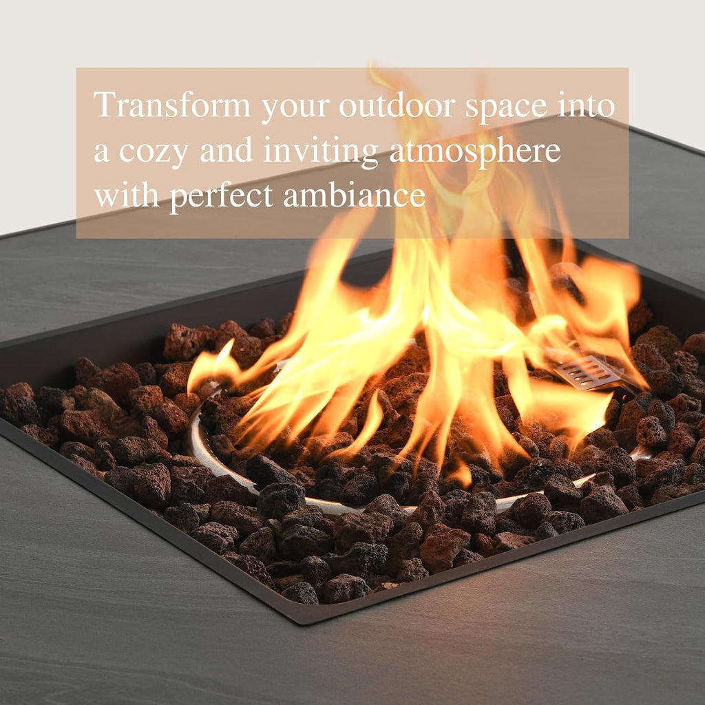 36'' Propane Gas Fire Pit Table, Sintered Stone Tabletop & Polyresin Stone Look Panel, 50000 BTU Gas Fire Pit for Outside Patio and Garden, with Metal Lid & Lava Rocks